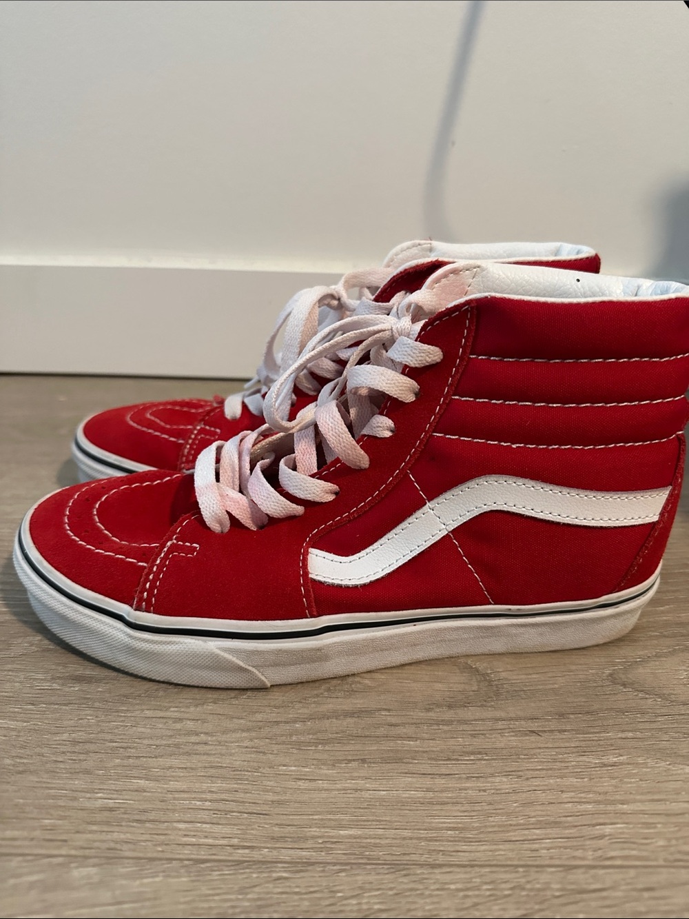 Vans Red and White Sk8-Hi Classic High-Top Sneakers
